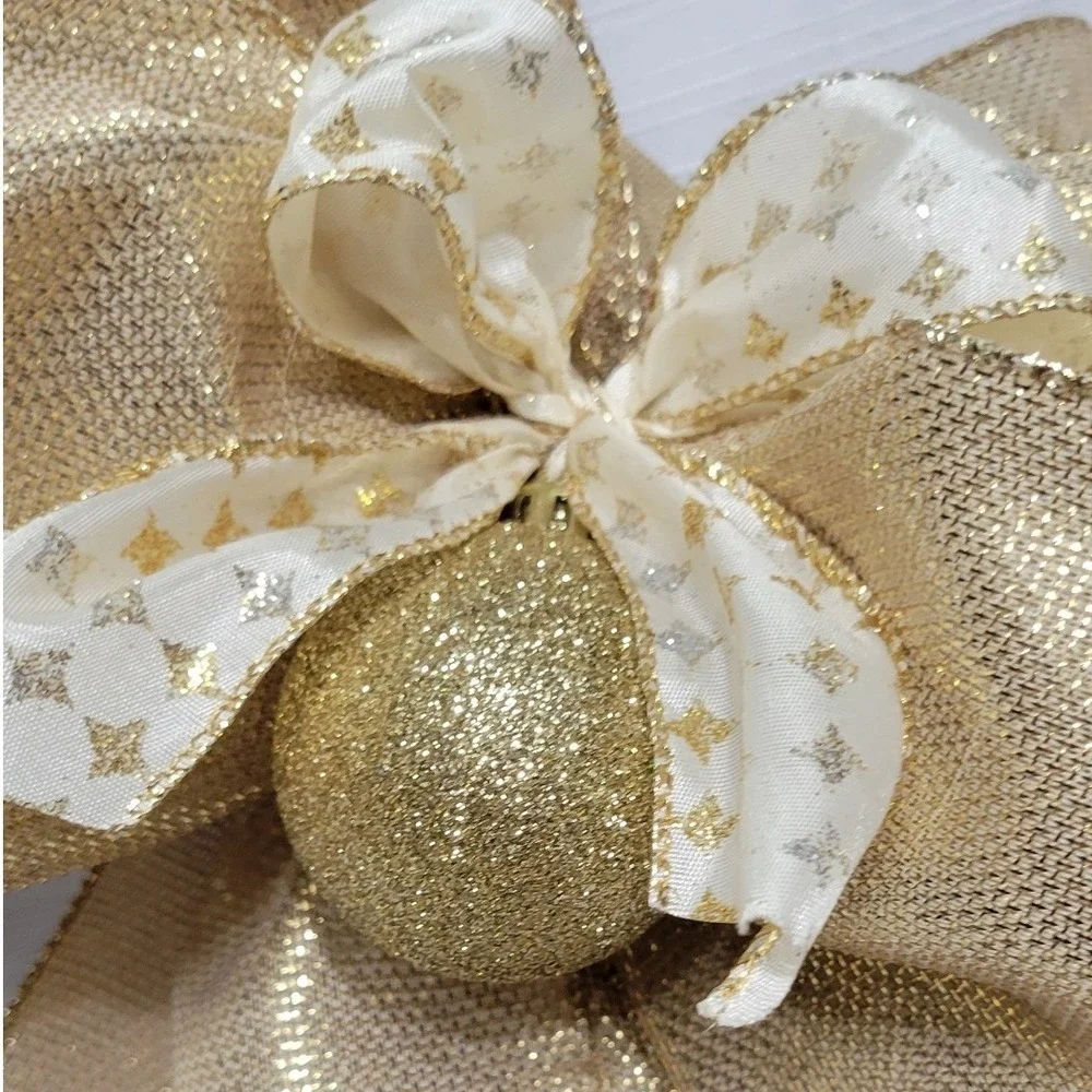 Gold Snowflake Candy Cane Christmas Door Hanger Metallic Mesh Bow Decor 22in